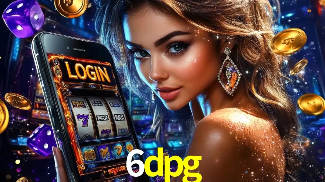 Mulher glamorosa segurando um smartphone com a tela de login para os jogos de caça-níqueis do cassino online 6dpg, com moedas de ouro e dados ao redor.