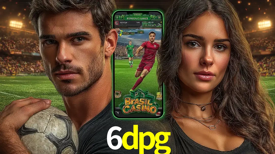 Homem segurando uma bola de futebol e uma mulher ao lado de um smartphone exibindo o jogo de apostas esportivas da 6dpg. Faça seu palpite no cassino online.